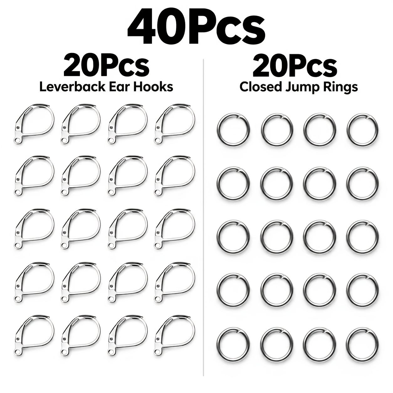 Image of 40pcs/90pcs S925 Silver Plated Hypoallergenic French Lever Earring Hooks, Jewelry Making Kit, 40pcs Set: 20 Ear Hooks And 20 Closed Jump Rings; 90pcs Set: 40 Ear Hooks And 50 Closed Jump Rings