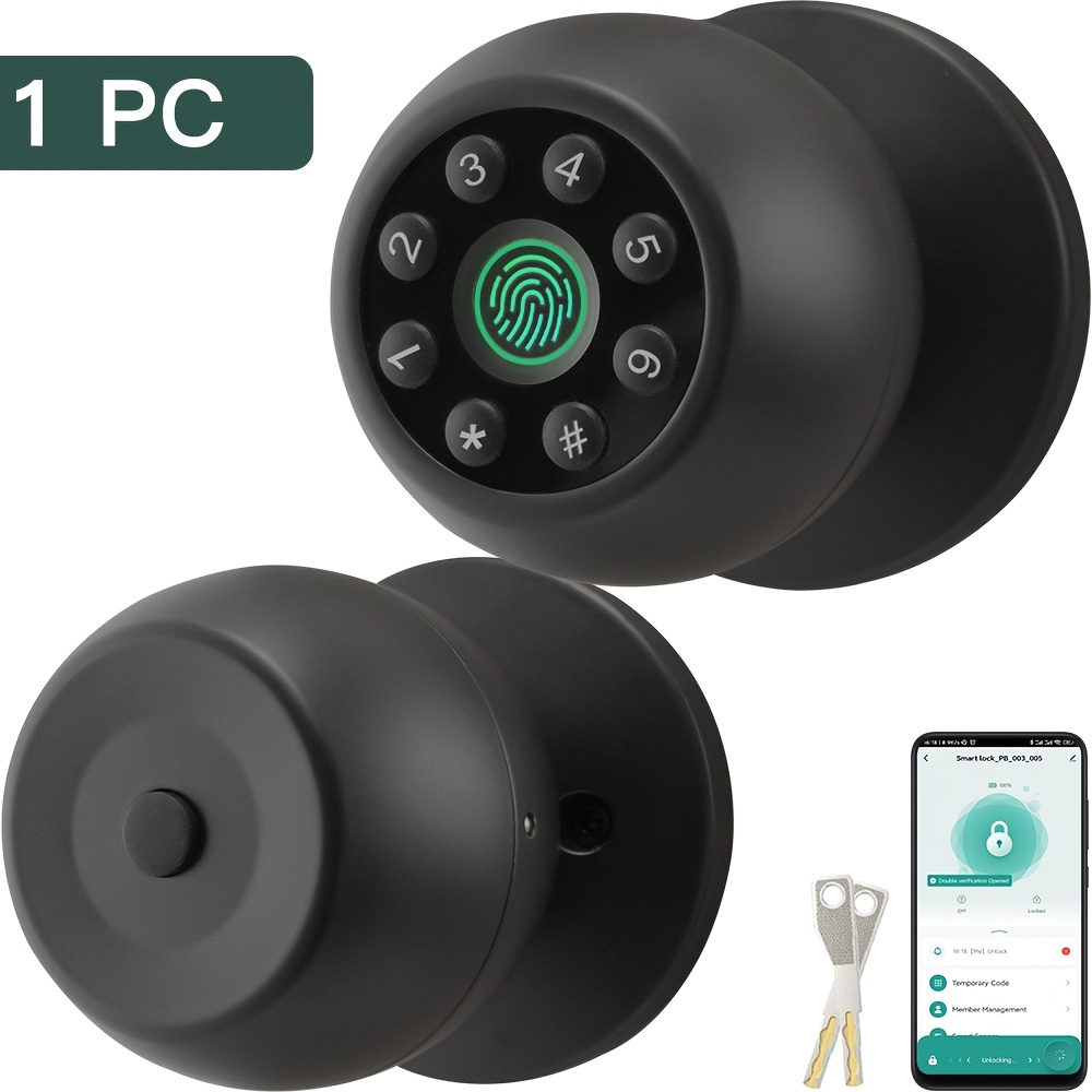 TEMU Smart Fingerprint Door Lock, Keyless Entry Door Knob With App Control, Biometric For Bedroom Office, Matte Black, - 1pc, 2pcs