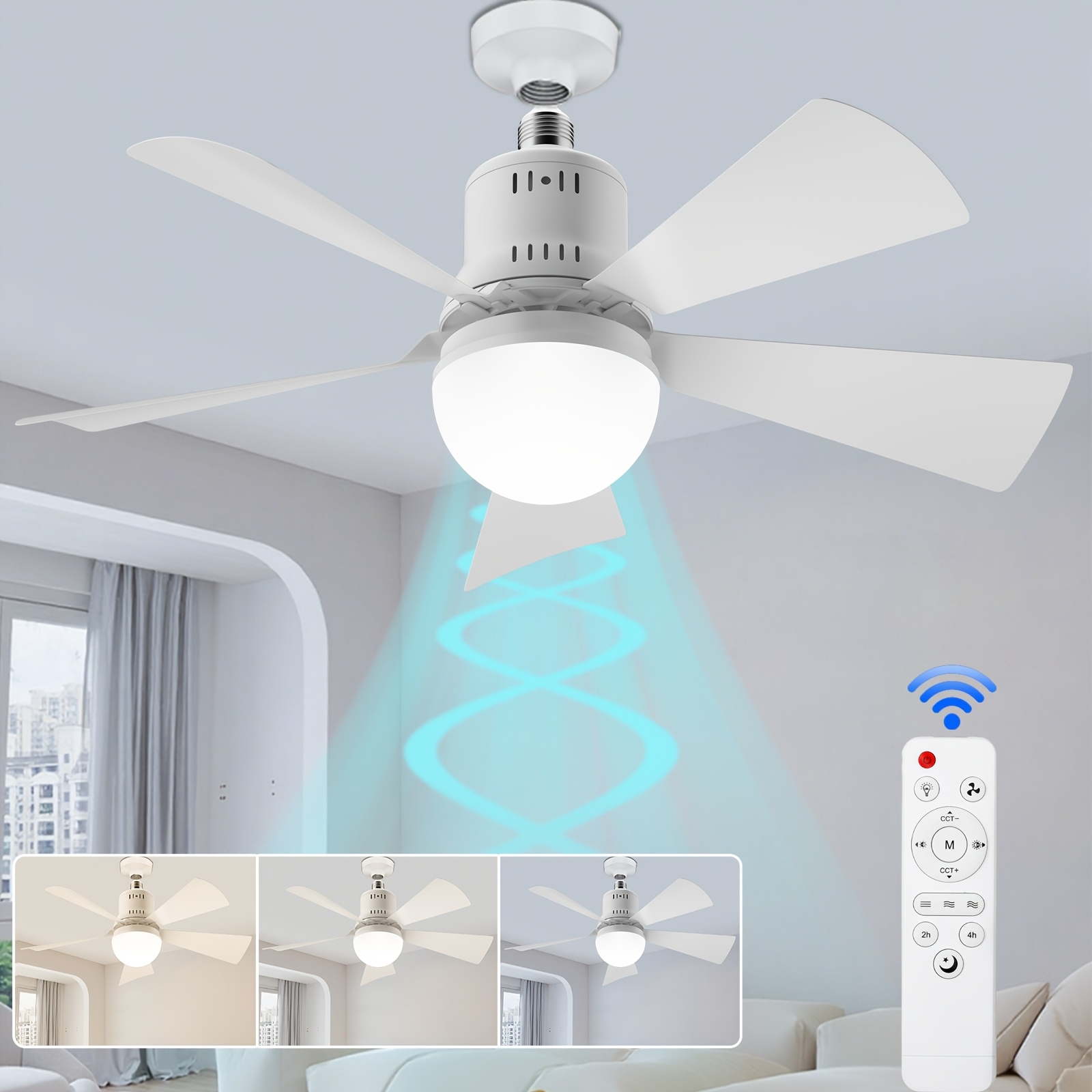 TEMU 20.5inch Socket Fan Light Ceiling Fan With Lights And Remote | Dimmable Led 3 Colors 3000k-6500k, 2000 Light Bulb, Screw-in, Suitable For Bedroom, Kitchen, Living Room, Closet