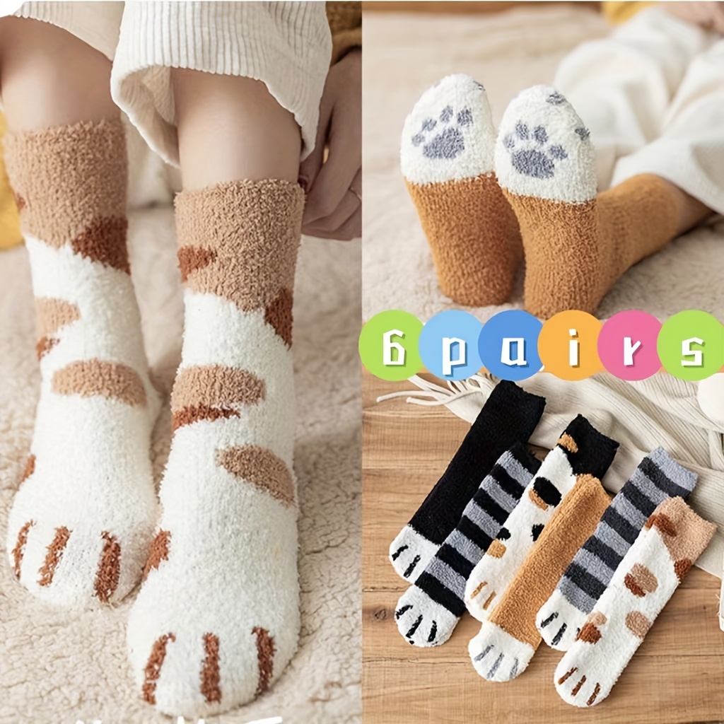 

6 Pairs Paw Socks, Cute Coral Fleece Warm Sleeping Floor Indoor Socks For Fall & Winter, Women's Stockings & Hosiery