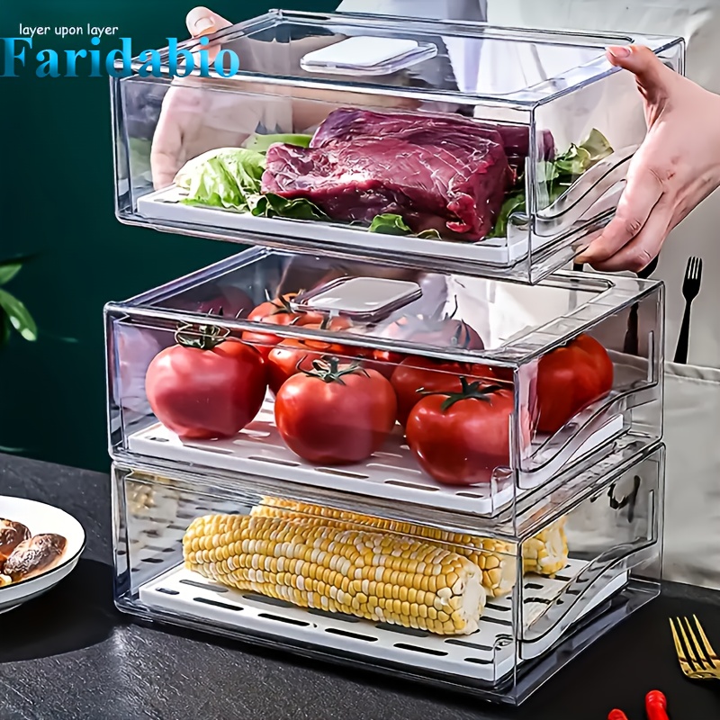 2pcs   clear stackable refrigerator organizer with pull out drawer reusable pet food storage containers for fruits vegetables and meats   kitchen organization   and moving gifts 0