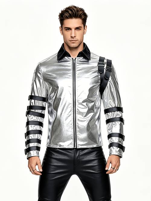 imagen del artículo chaqueta de para hombre de estilo plateada con diseño de múltiples correas, de abrigo corta con cremallera, top de motociclista moderno para en