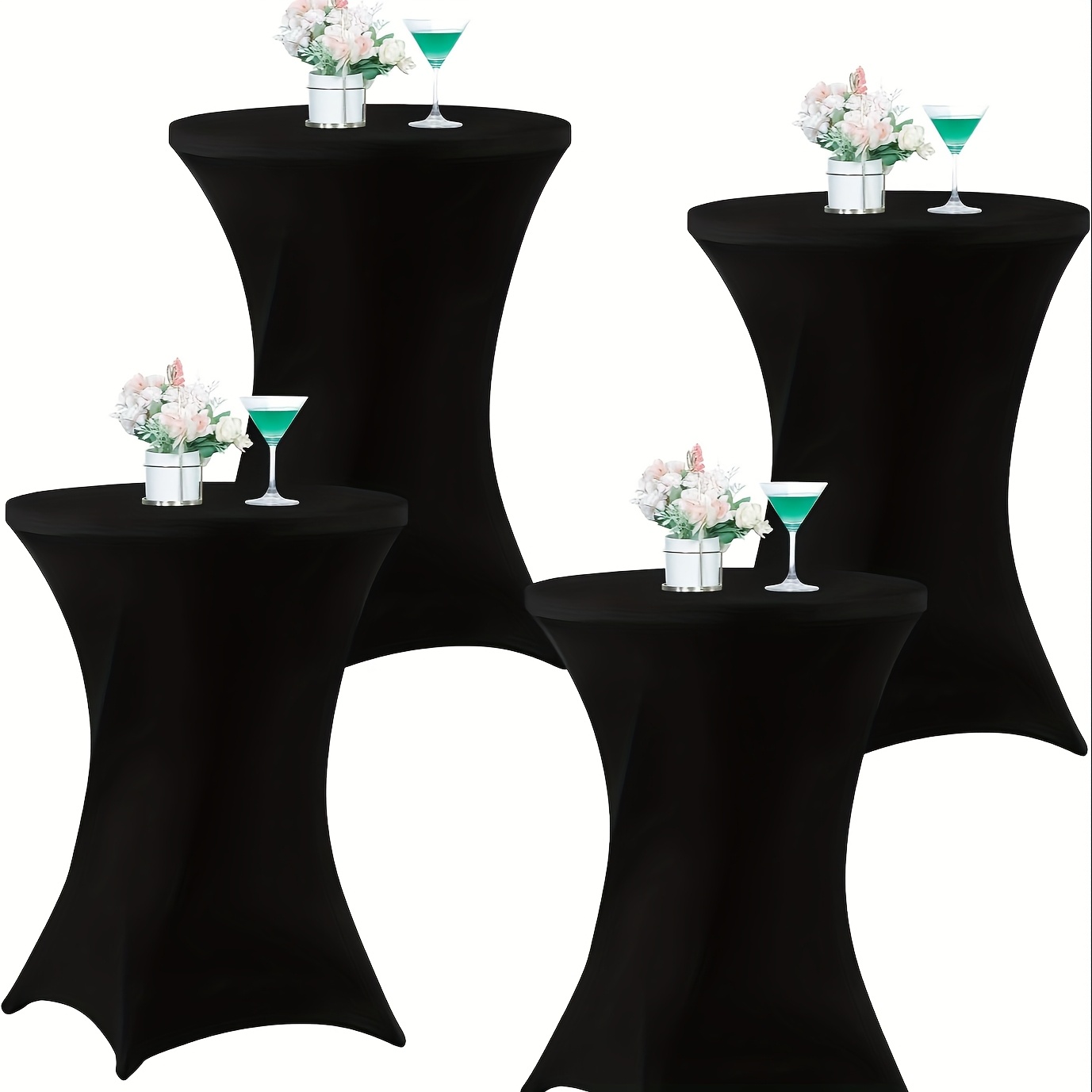 TEMU 4-pack Heavy-duty Table Covers - Spandex-like Corners, Elegant Black Tablecloth Fits 32x43 Inch Round High-top Tables, Perfect For Weddings,