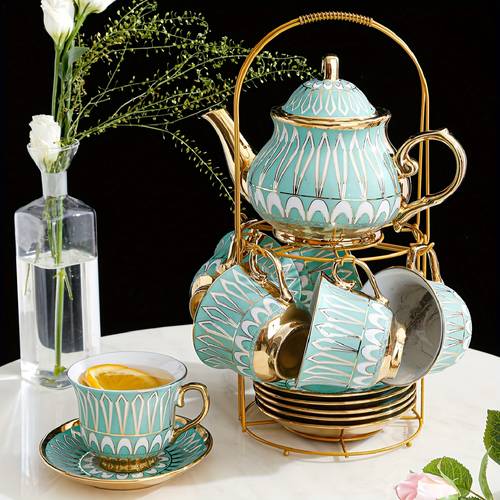 1set, Luxury Nordic Ceramic Coffee Set, European Style, Teapot, Cups & Saucers With Gold Iron Stand, Porcelain, Suitable For Restaurant, Hotel, Family Gathering, Theme Party, Wedding, Birthday Party