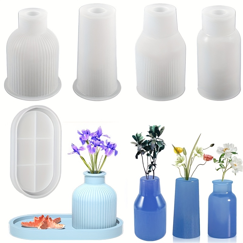 TEMU 5pcs Flower Vase Silicone Resin Molds Set, Silicone Flower Pot Molds With Tray Mold, Resin Silicone Molds For Epoxy Resin Flower Pot Vase Clay,