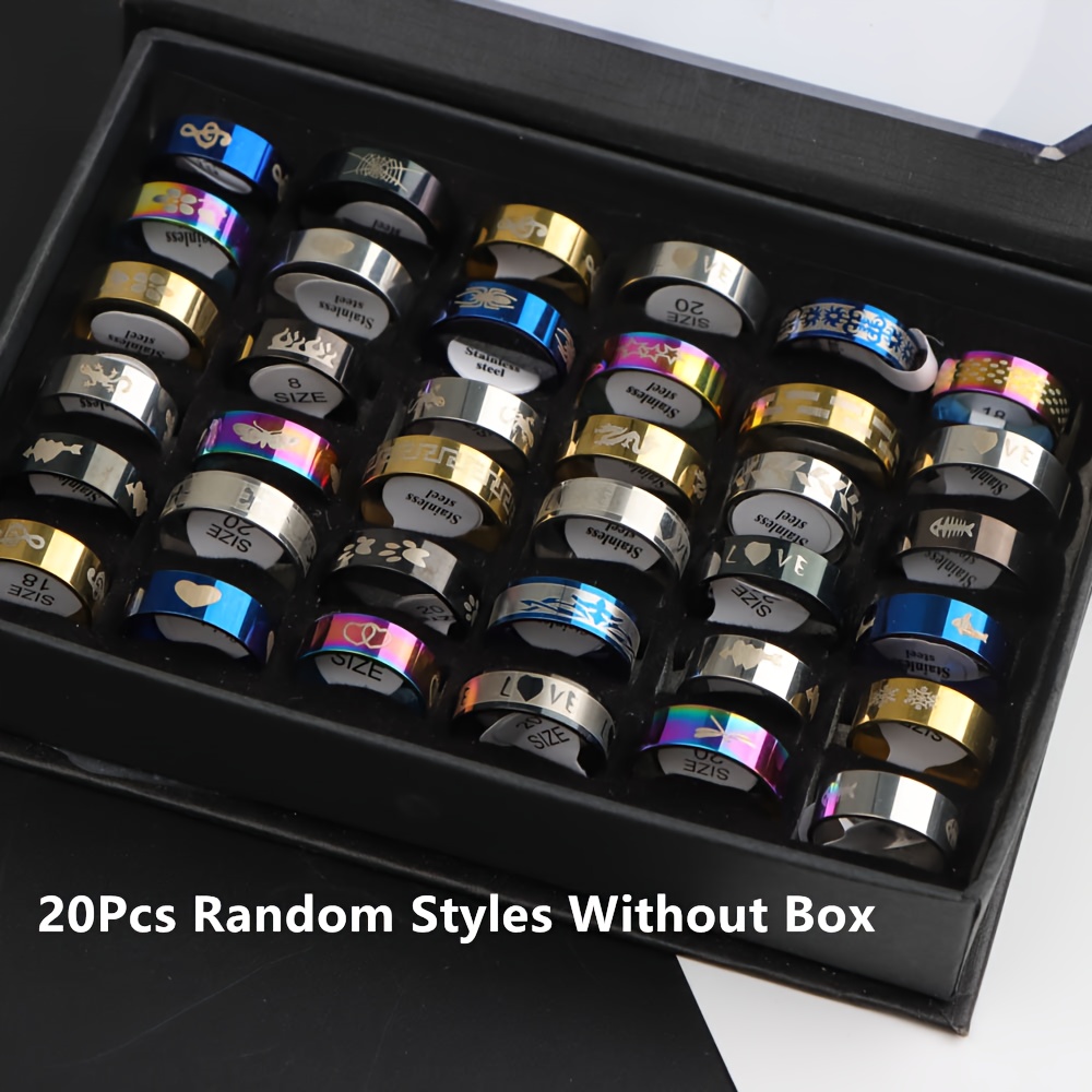 E-shop 10/20 modische Ringe mit europäischem amerikanischem Muster, Edelstahl-Ring-Set, für den , , Partys, Feiertagsschmuck-Geschenke, OPP-Beutel,