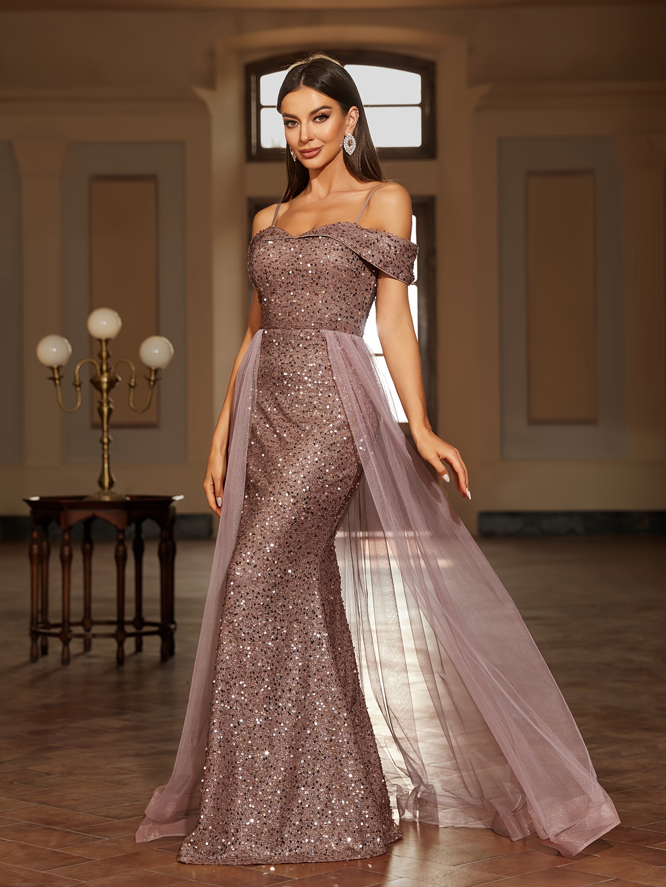 knee length dresses for ladies Prom Long Spaghetti Strap Mesh Formal Dress