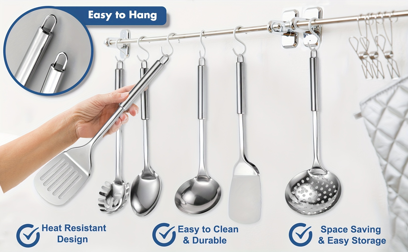 11pcs stainless steel kitchen utensils set with storage bin heat resistant metal spatula set cooking utensils with turners masher skimmer spoons ladle tongs whisk Product details 1