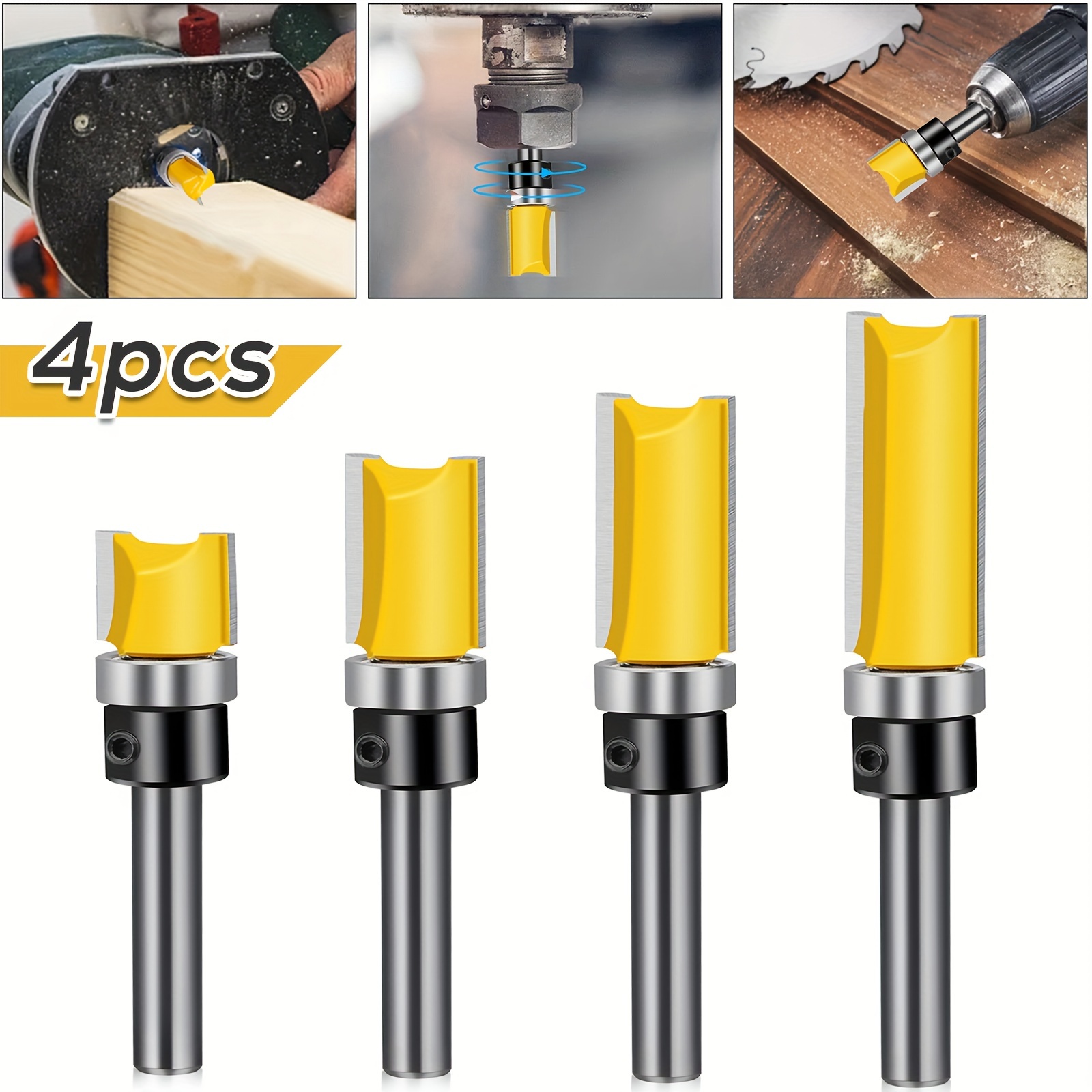 

4pcs Pattern Flush Trim Router Bit Set With 1/4" Shank, 1/2" Cutting Diameter Carbide Bits, For Diy Projects, Lettering