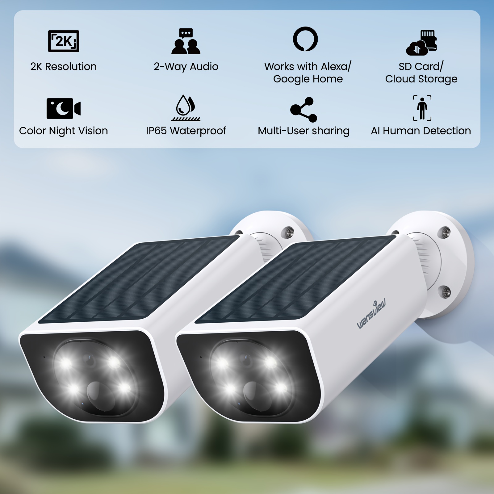 TEMU 2pcs Wansview Solar Security Cameras For Outdoor High Quality, Wireless Security Camera, 2k Hd Resolution, Color Night Vision, -audio, Motion
