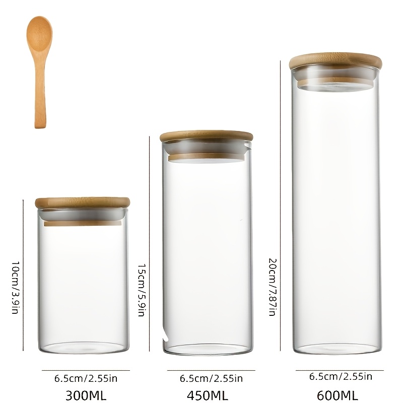 TEMU 4pcs (3 Jars And 1 Spoon) Round Glass Sealed Jar Set With Wooden Spoon, Bamboo Lid, Kitchen Storage Sealed Bottle, Durable Glass Container,