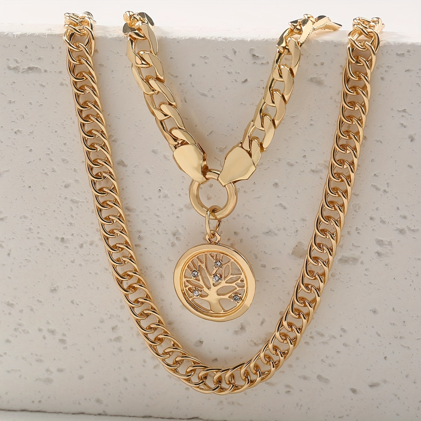 Image of 2pcs Set Of Retro Double-layered Inlaid Zirconia Tree Of Life Necklace Set For Women