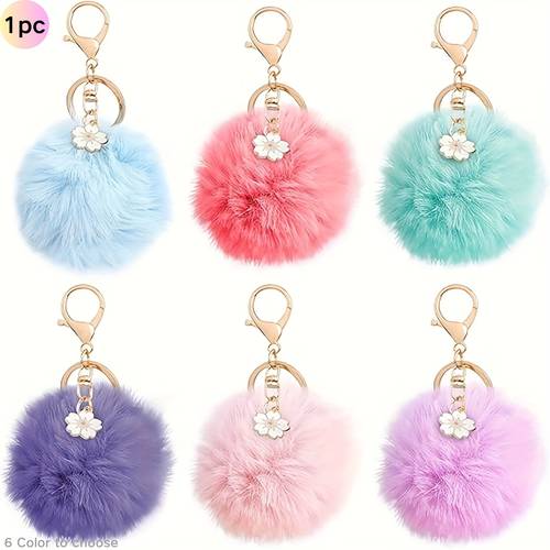 furry ball keychains bag charms with flowers faux purse accessories for backpacks luggage keys
