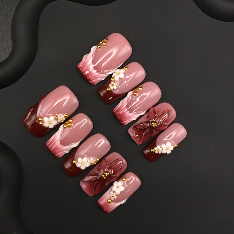 100% Handmade Square 3d Carved Nails, Gentle And With Shell Ombre And Three-dimensional Floral Press-on Nails And Application Tools