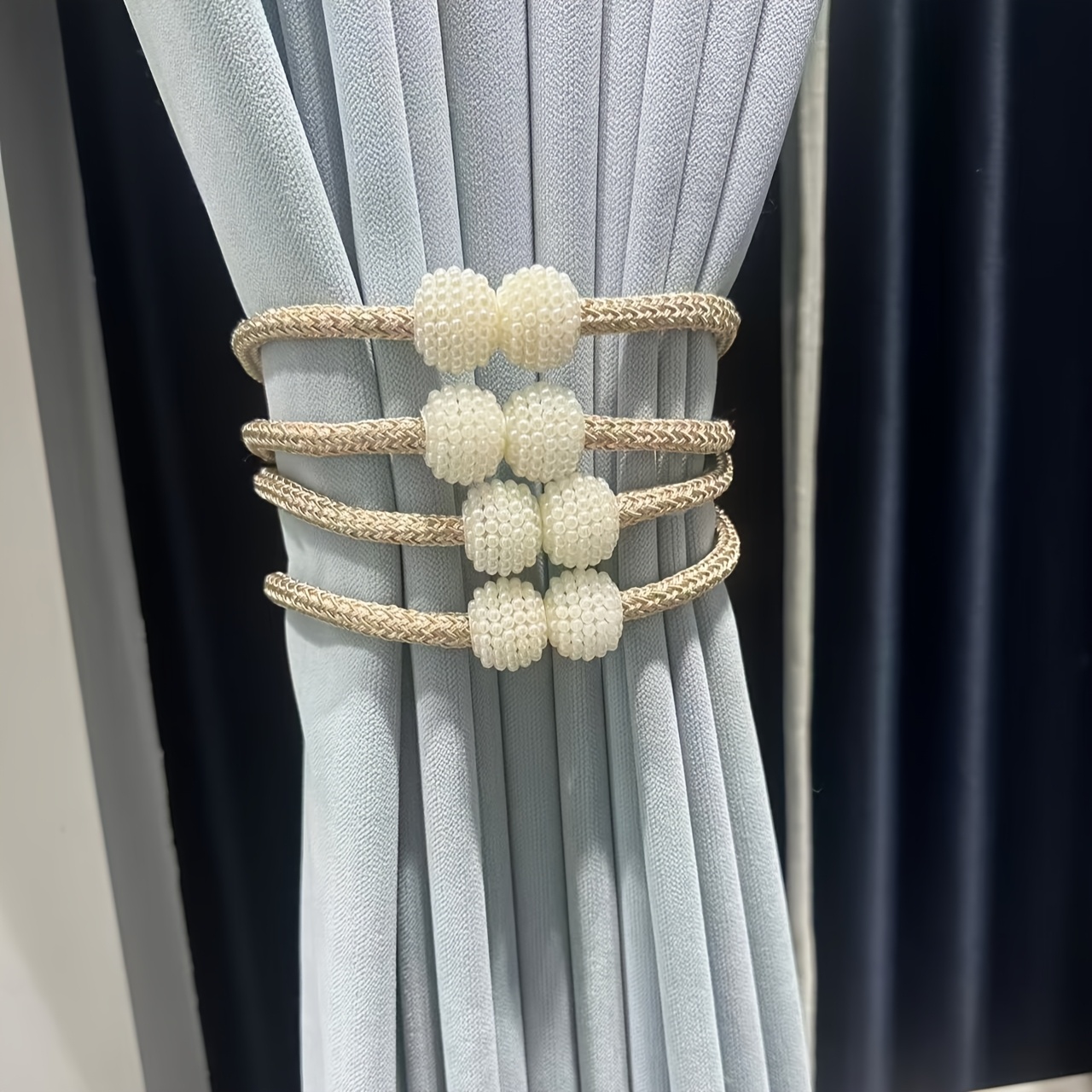 TEMU 4pcs Set Of -colored Curtains And Drawstrings, No Drilling Required For Fixed Decoration, Pearl Drawstring Curtains, -headed Ropes, No Drilling