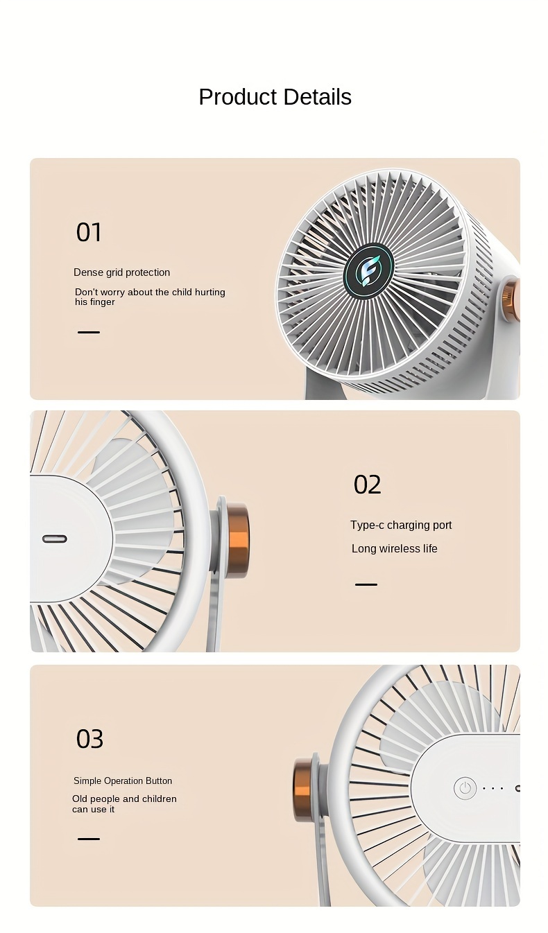 всесторонний умный вентилятор для дома USB, перезаряжаемый, портативный, настенный дизайн с мощным потоком воздуха для использования внутри и снаружи, подробности 12