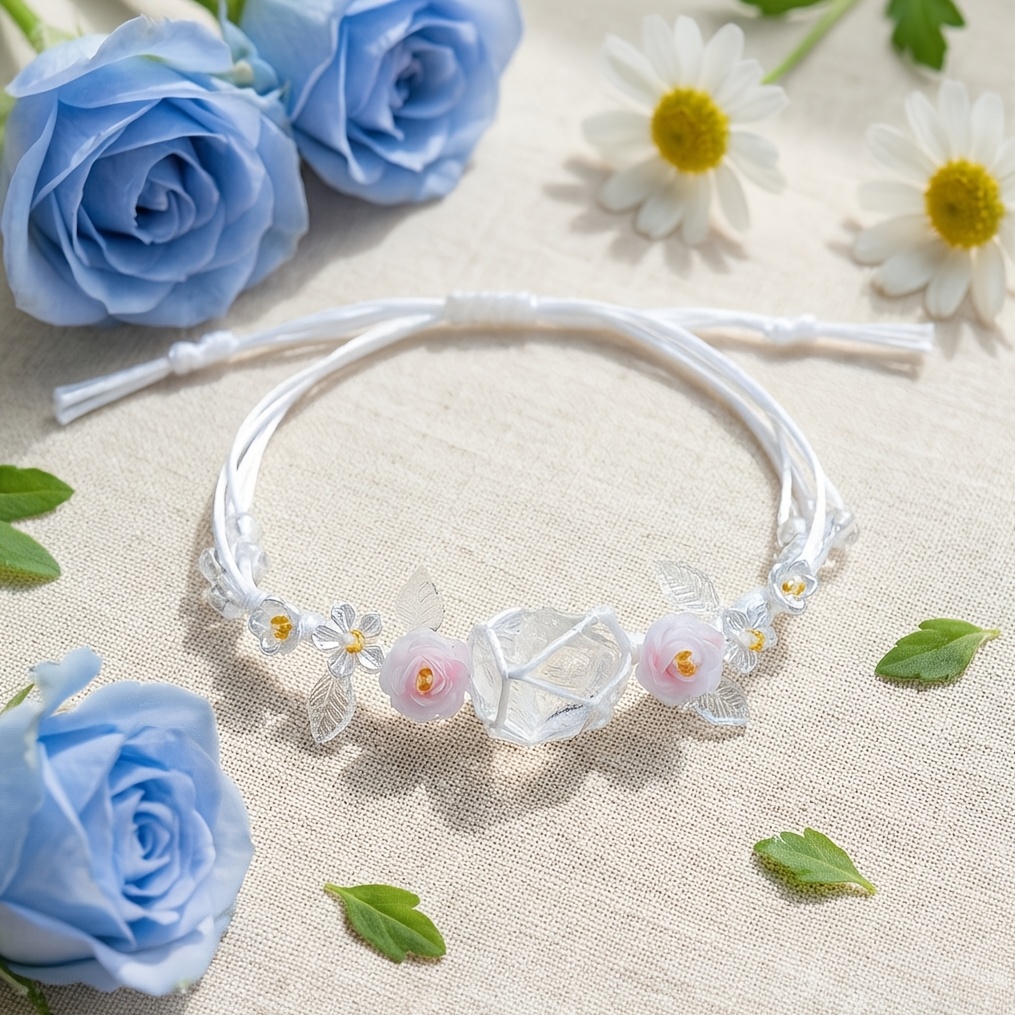 TEMU Bohemian Woven Rose For Women Vintage Small Pink Rose Flower Clear Leaf Pendant Bead Artistic Fresh Ins Niche Design Handmade Braided Rope Best