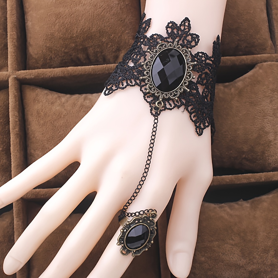 

Bracelet en Dentelle Noire Vintage Gothique avec Fausse Pierre - Design Floral Steampunk, pour Halloween & Cosplay, Mode Fille, Bracelets, Accessoires de Costume, Bijoux pour Dames