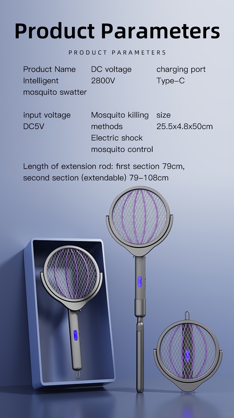 Electric Mosquito Swatter With Purple Light And Retractable Handle_voghion.com