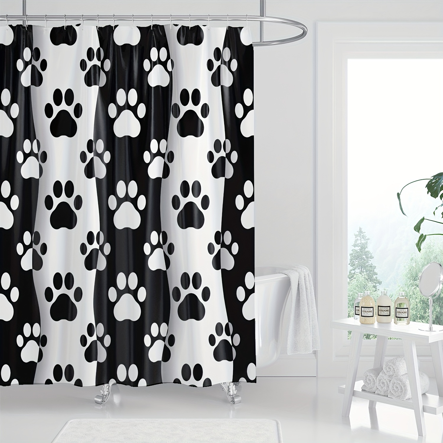 

1pc Black And White Paw Print Shower Curtain, Modern Animal Stripe Design, Digital Print Bathroom Decor, Machine Washable Fabric