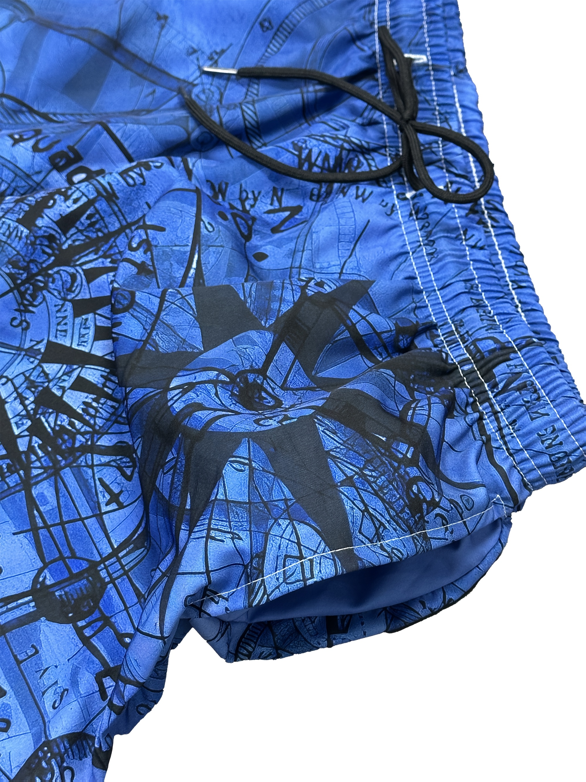 Men'S Plus Size Casual Fashion Novelty Blue Compass Pattern Digital Print Shorts, Non-Stretch Fabric, Regular Fit, Geometric Design, Woven Polyester, Casual Summer Wear, PLUS SIZ