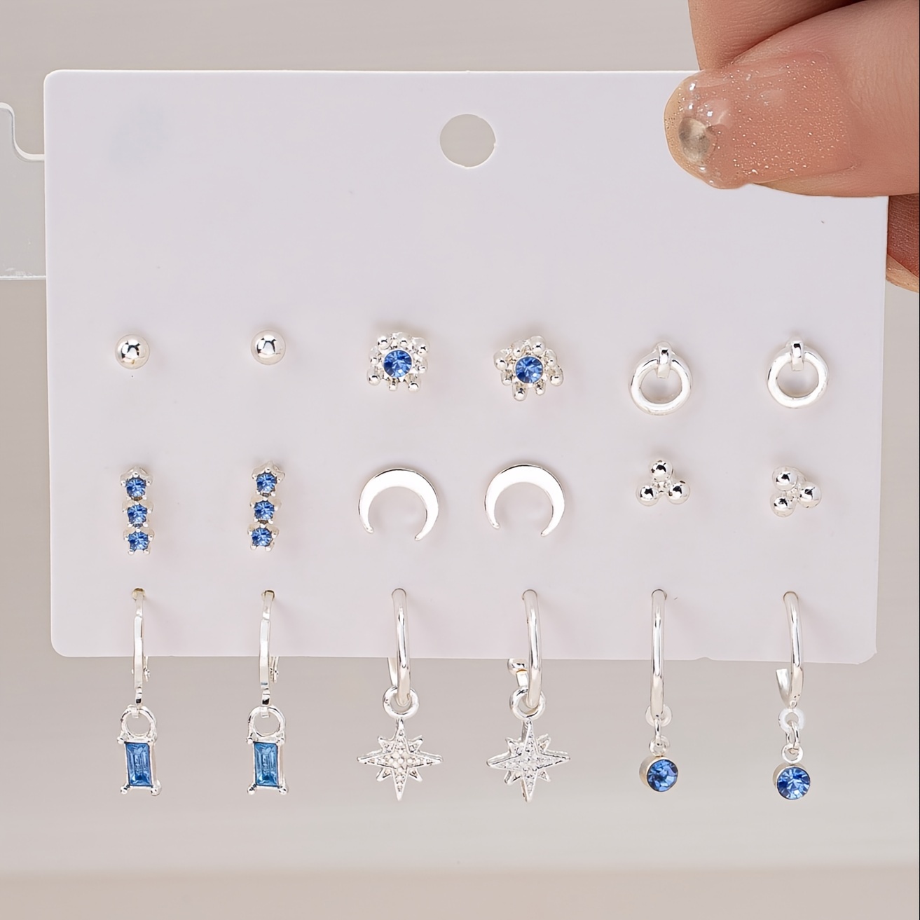 

Chic 9-piece Set: Silvery & Golden-plated Hoop Earrings With Light Blue Rhinestones - Moon, Star, And Bean Motifs - Perfect For Everyday Wear & Gifting