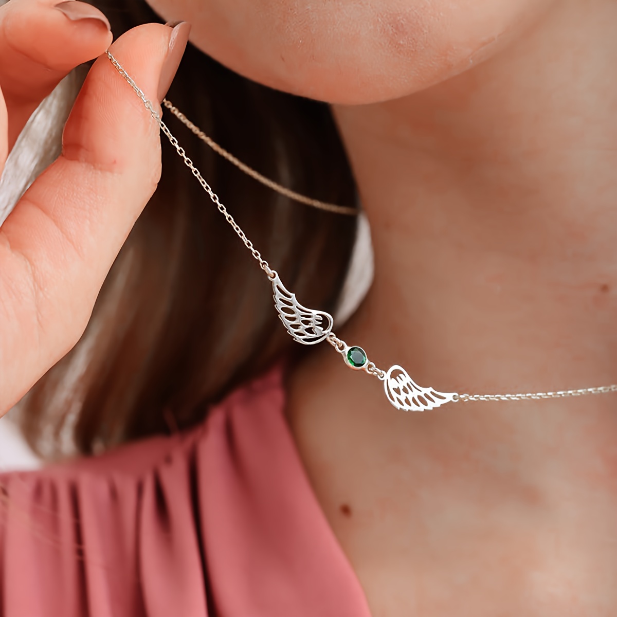 Personalized Angel Wings Birthstone Necklace, 304L Stainless Steel