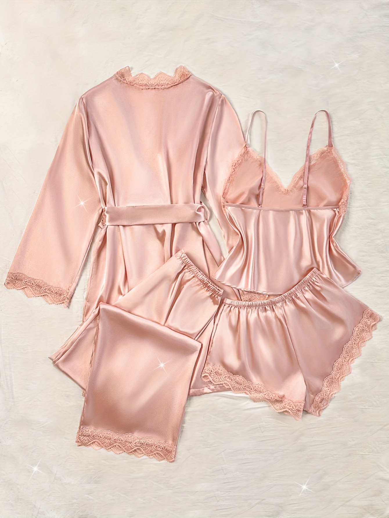 5pcs Women'S Elegant Satin Lace Pajama Set Long Sleeve V-Neck Robe with  Contrast Lace Trim, Adjustable Waist Tie, and Matching Shorts Pants,  Solid