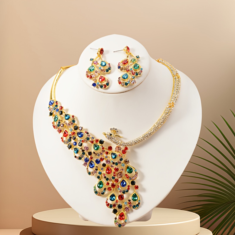 TEMU Ensemble Élégant de Collier et Boucles d'Oreilles avec Strass pour Mariée, Bijoux de Luxe Vintage - Lot de 3 Pièces