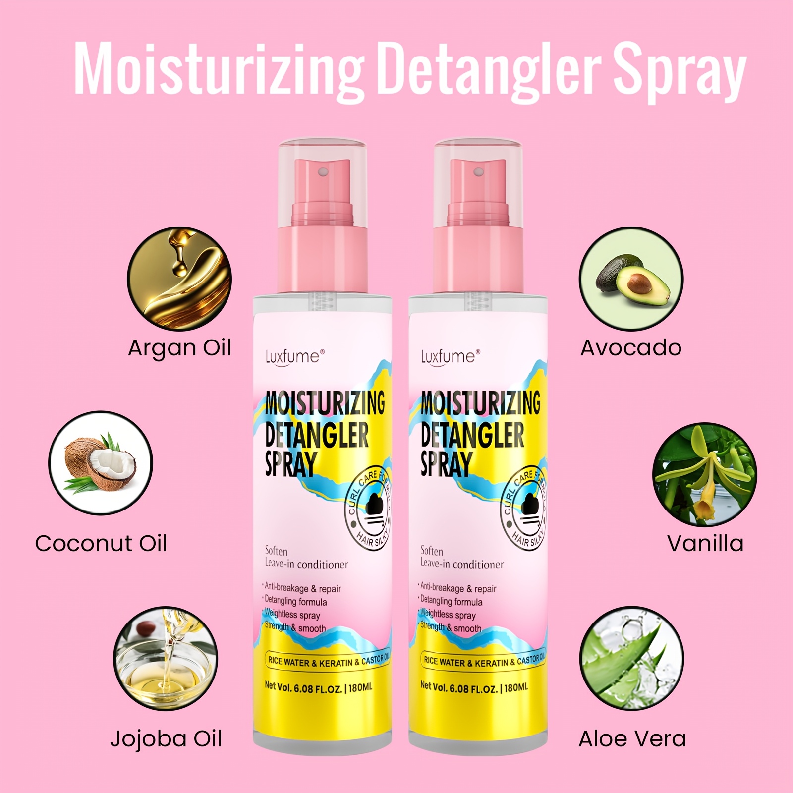 TEMU Luxfume Moisturizing Detangling Spray With Argan Oil & Keratin, Rice Extract Formula - Breakage, Hydrates And Defrizzes Hair For - Detangling