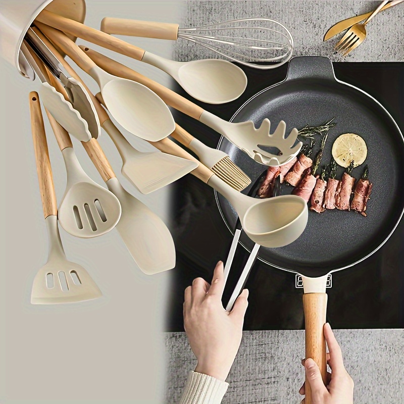 

12pcs Silicone Kitchen Utensils Set With Ergonomic Wooden Handles, , Heat Resistant, Easy To Clean, Safe For Cooking And Baking, Ideal For Enthusiasts