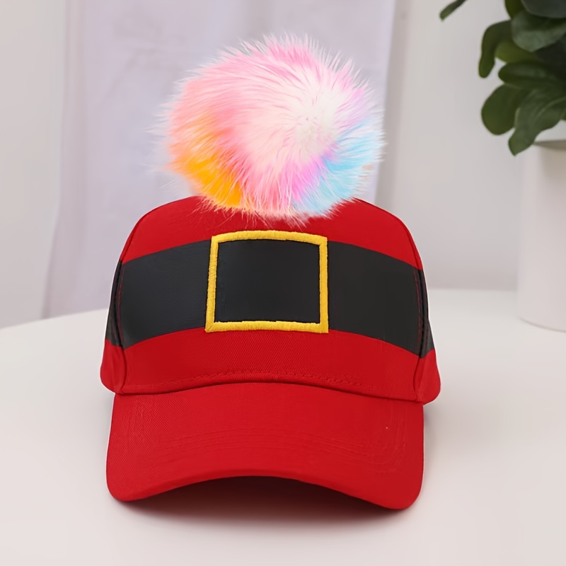 

Christmas Holiday Festive 100% Cotton Baseball Cap With Santa-inspired Design And Colorful Pom-pom - Lightweight, Woven, Adjustable Toggle Closure For Parties And Celebrations - Hand Washable