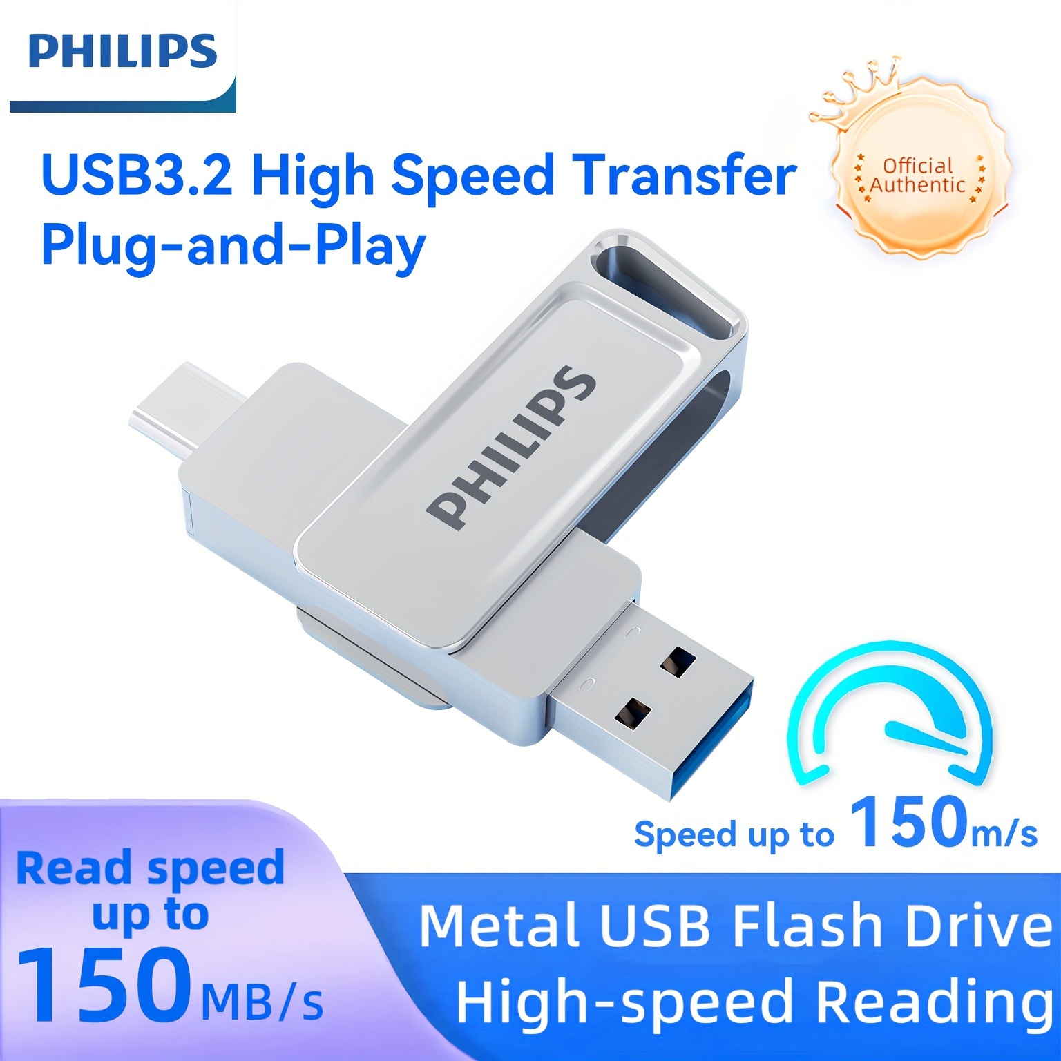 

PHILIPS USB 3.2 Type-C Double Clé USB, OTG, Vitesse jusqu'à 150MB/s, 32 Go, 64 Go, 128 Go, 256 Go, Métal, pour téléphones USB-C, iPhone 15, MacBook, iPad, ordinateurs, etc.