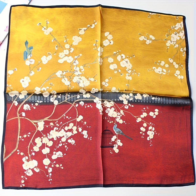 TEMU Pañuelo pequeño 100% de seda de , tela de seda , elegantes patrones vintage, diseño único de bloques de color y , bufanda y chal versátiles para