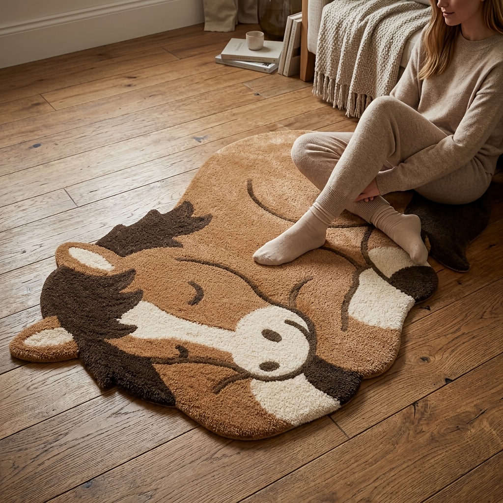 TEMU 1pc 2d Flat Surface Brown Pony Carpet, Suitable For Bedrooms, Carpets, Soft Washable Floor Mat, Irregular Horse-shaped Floor Decoration, For
