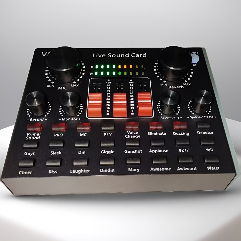 Професионален аудио интерфейс Live Sound Card V8K с напрежение под 36V, с USB кабел за зареждане и вградена 18650 литиева батерия за преносимост - идеален за външно стрийминг, запис, озвучаване и пеене