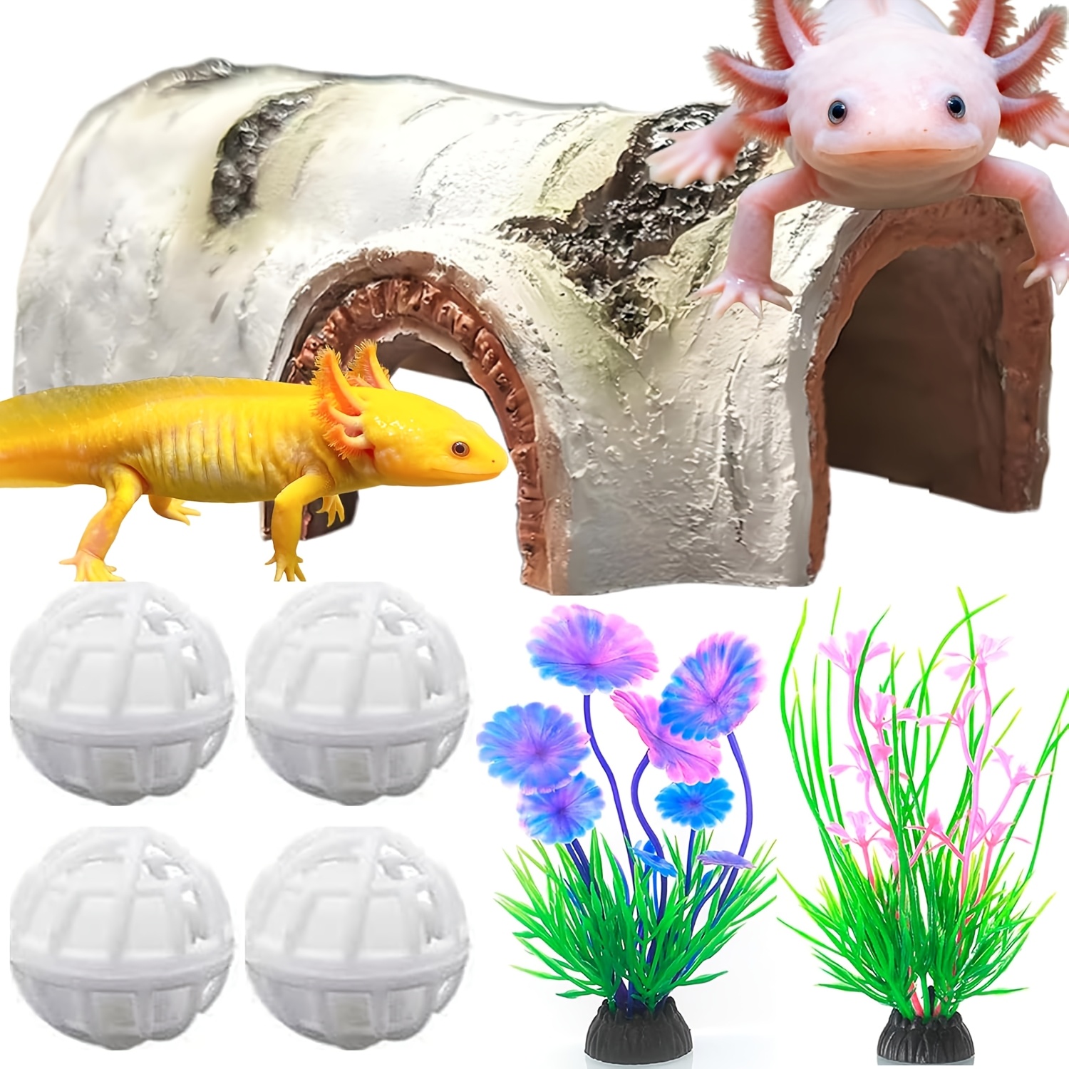 TEMU 7pcs Xolander Aquarium Hideout Habitat With , Artificial Aquatic Plants & Filter Balls - Swimming For Aquatic Reptiles, Lizards, Fish Tank Decor