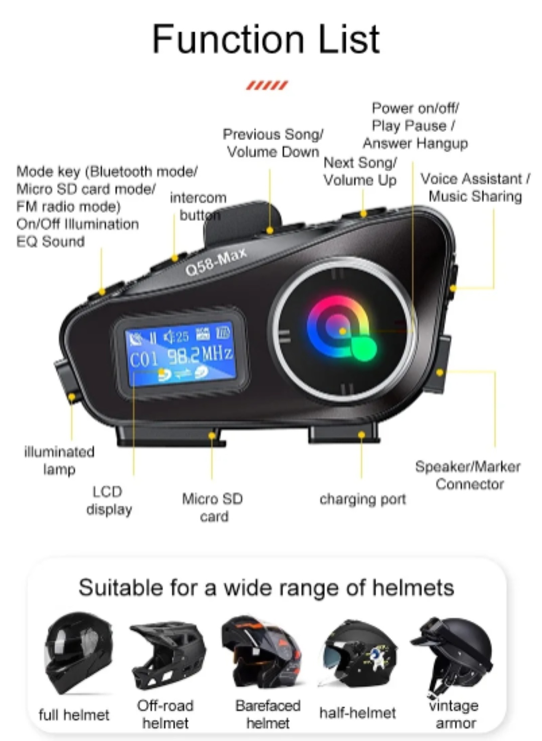 Dispositivo de comunicación para casco de motocicleta Q58-MAX, intercomunicador inalámbrico 5.3, 500M, con intercomunicador Moto, función de compartir música y pantalla LCD