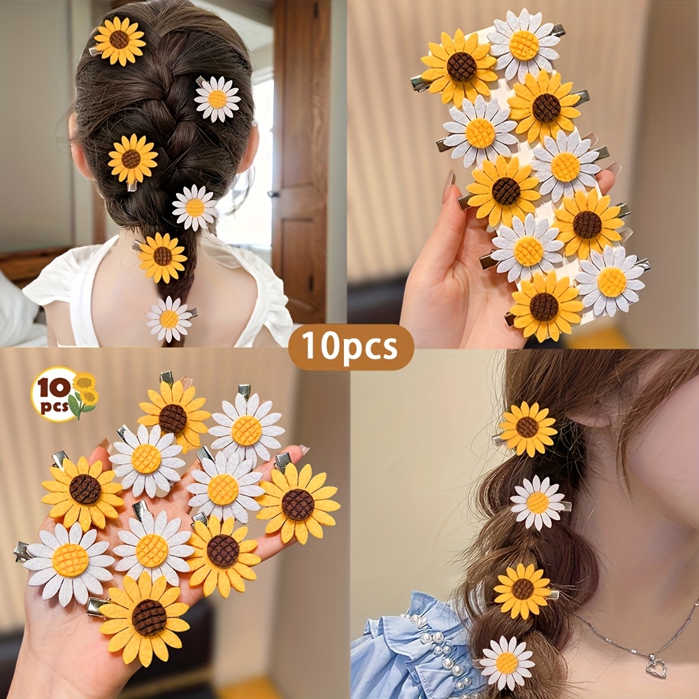 

10pcs Sunflower Hair Clips Set, Polyester Hair Accessories, Non-textile Weave, Fashionable Mixed Color Hair Barrettes, With For Women, Suitable For 15+