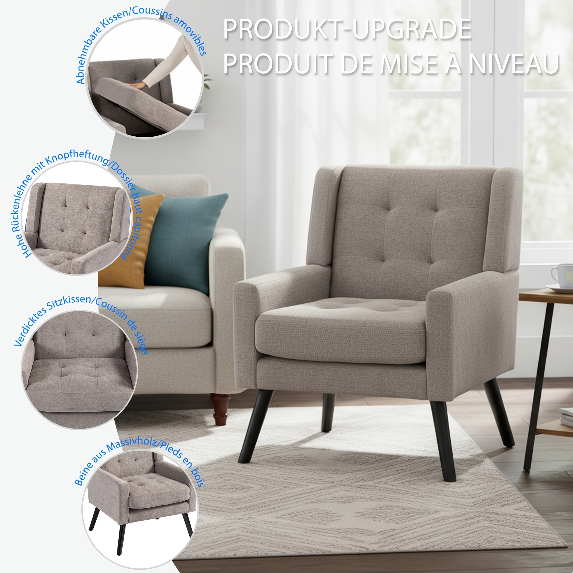 Mid-Century Modern Tufted Accent Chair, Ergonomic Wingback Armchair with Detachable Armrests, Linen & Suede Fabric Lounge Chair for Living Room Bedroom Office