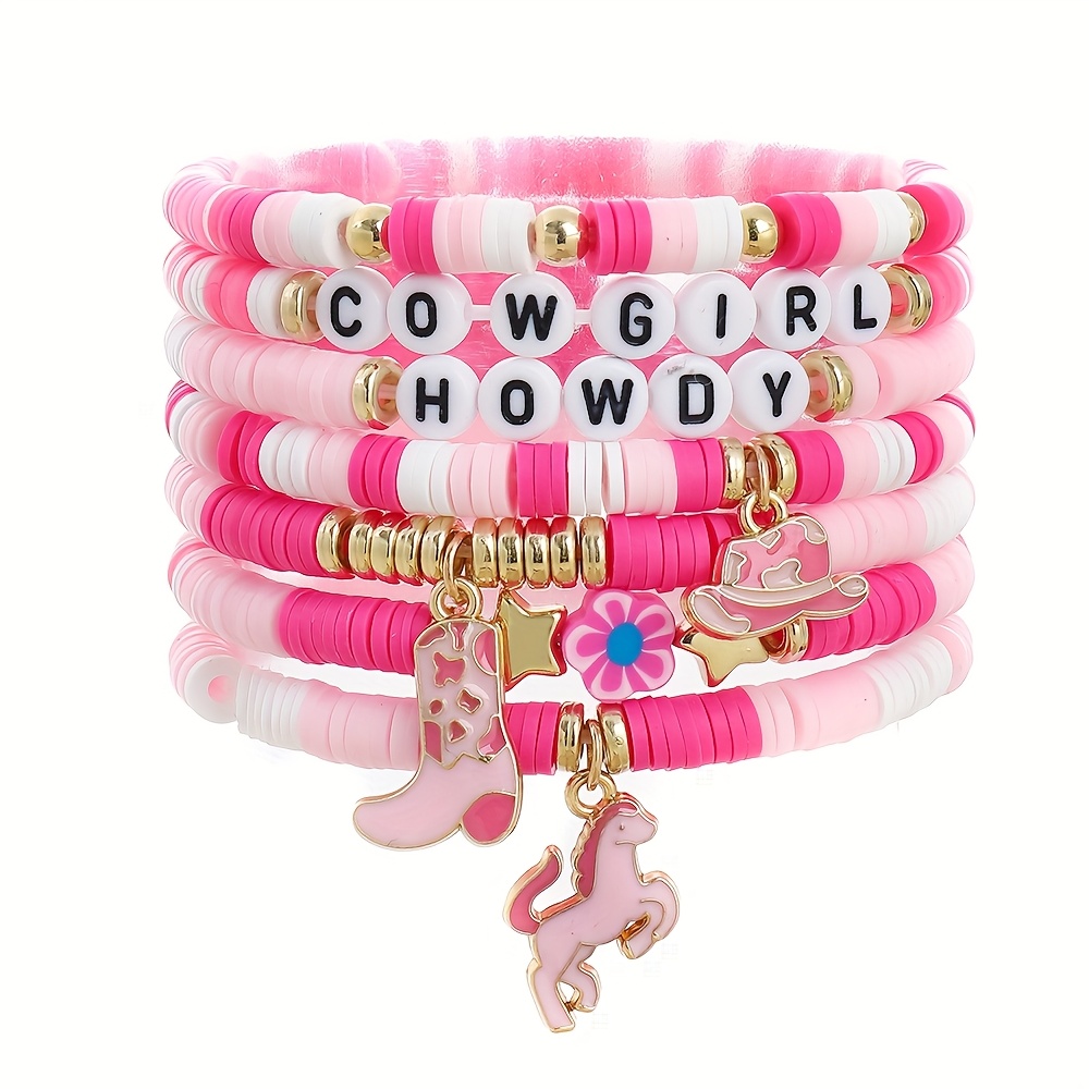 

7pcs Style Pink Cowgirl Beaded Bracelet Set, Polymer Clay Charms, Horse Hat & Boots Charms, Jewelry For Daily & Vacation Wear, Easter Holiday Accessory, All-