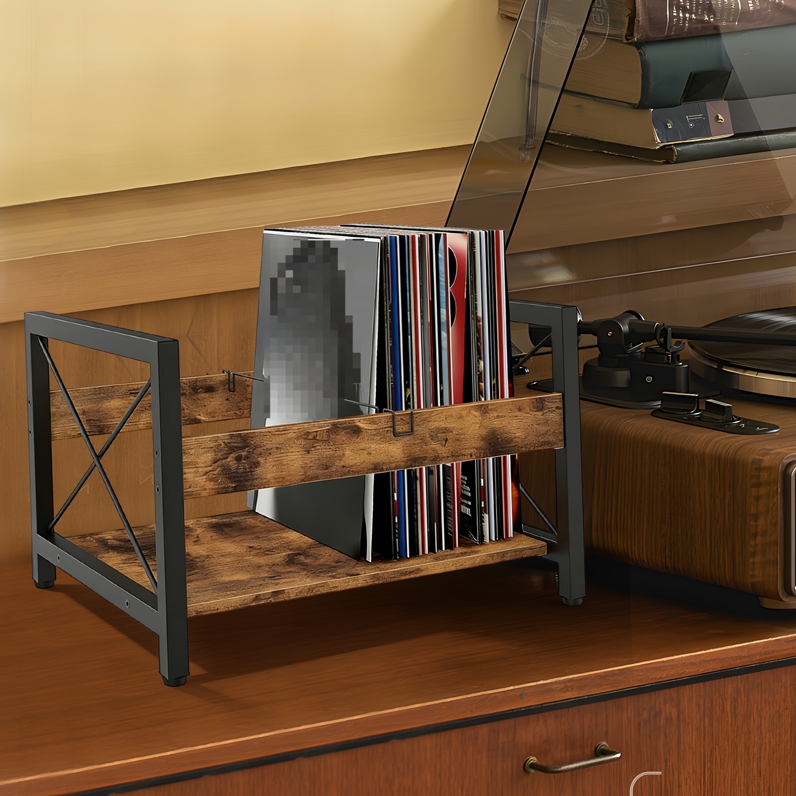 Image of Vinyl Record Holder, Wooden Record Crate Fits 7' -12' Records, Vinyl Shelf To 50-100 Albums, Dvds, Cds Or Files Wood Book Storage Stand Desktop Organizer Box, Utility Racks