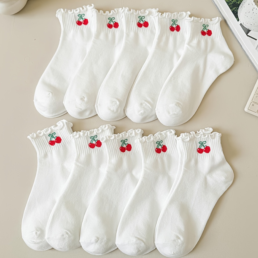 E-shop 10 Paar Weiße Niedliche Kirschmuster Kurze Socken, Lolita Stil Socken, Geeignet für Tägliche Freizeitkleidung, für Alle Feiertage und Anlässe,