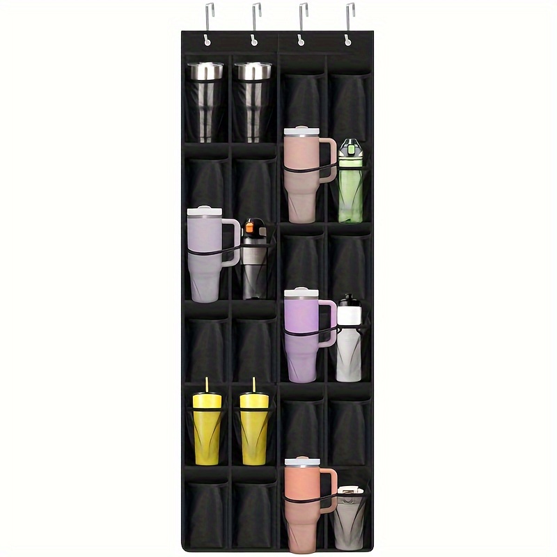 

Portable Water Bottle Organizer With Large Mesh 24 Pockets, Over The Door Water Bottle Storage For Cup, Sturdy Closet Storage Rack For Closet, Kitchen, Cabinet, Pantry Black