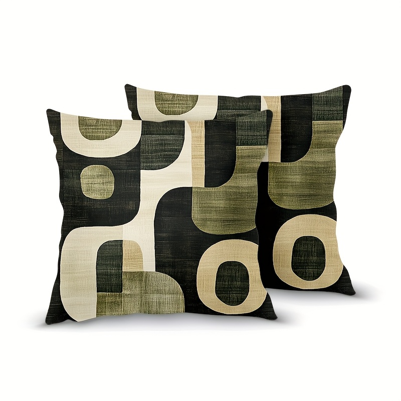 E-shop 2 Stück Kurzplüsch-Kissenbezüge - Abstraktes Oliven-Grün Beige Geometrisches Muster, Zweiseitig Bedruckt, Hypoallergen, 18x18 Zoll mit