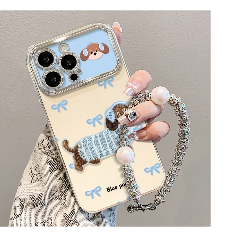 TEMU Phone Case: Dachshund Puppy Electroplated Large View Window Phone Case With Silvery Chain, Suitable For Multiple Iphone Models Including 17/17