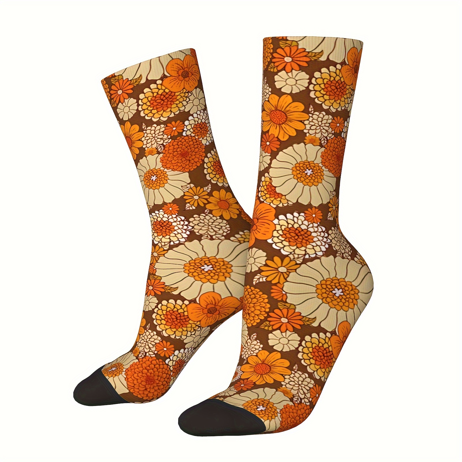 

1 Pair Men's Socks Daisies, Flower Power, Orange And Brown, , Vintage Hip Hop Novelty Pattern Crew Crazy Sock Gift Printed