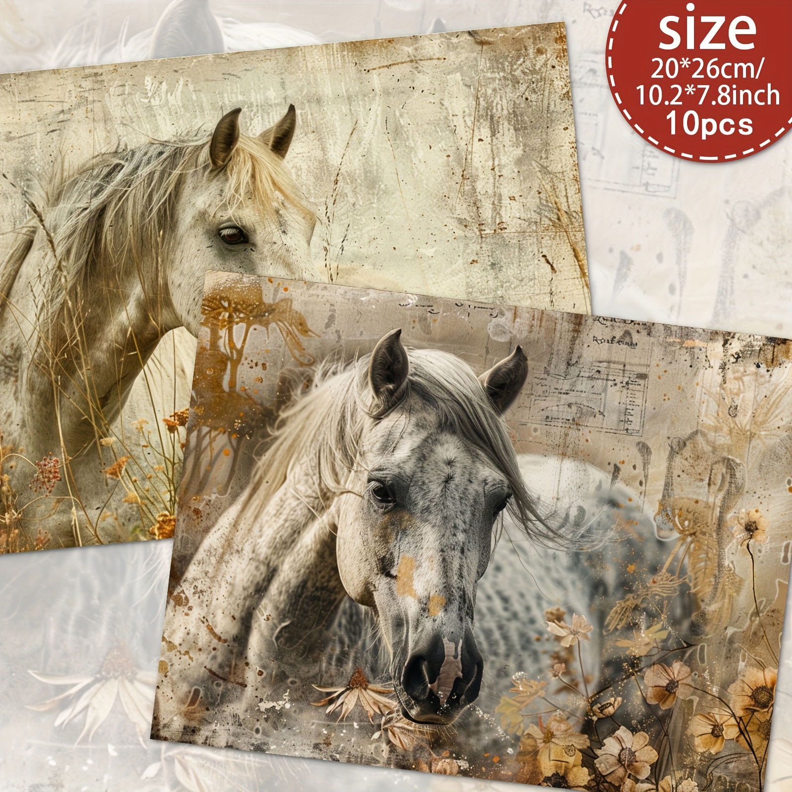 TEMU Lot de 10 Feuilles Papier pour Scrapbooking du Vintage avec Chevaux A4, Papier pour Journal à Déchets Équestres, Papier Artisanal pour Journal à