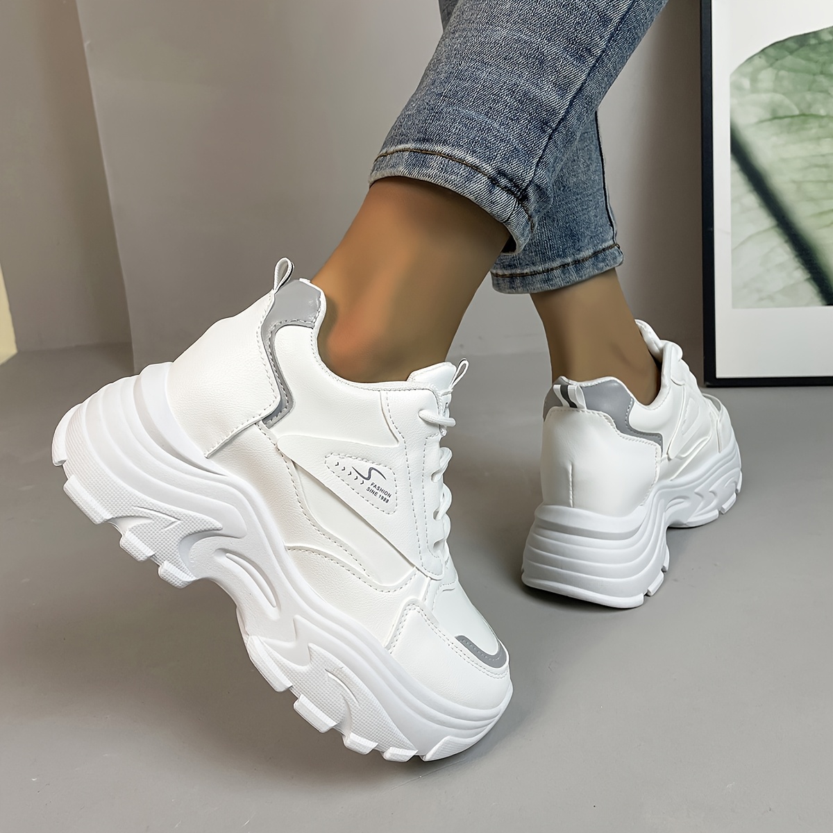 chic womens platform sneakers casual lace up height boosting sneakers with   cover upper pu sole details 4