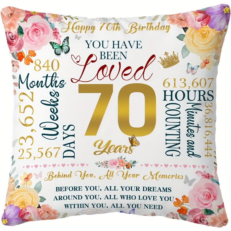 TEMU 1pc 70th Birthday Decorative Pillowcase - Floral And Time Celebration Design, Single-sided Print With "", Zipper Closure, Machine Washable,